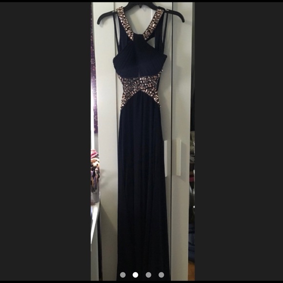 Navy Blue Encrusted Halter Open Back Cut Out Dress | size 0 - Picture 3 of 4